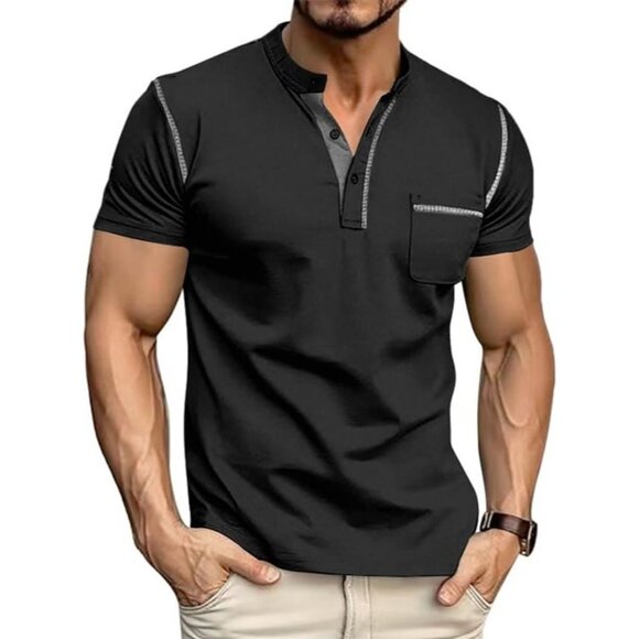 Men Black Short Sleeve Henley T Shirt Casual Slim Fit Button Pocket Tee - Picture 1 of 6